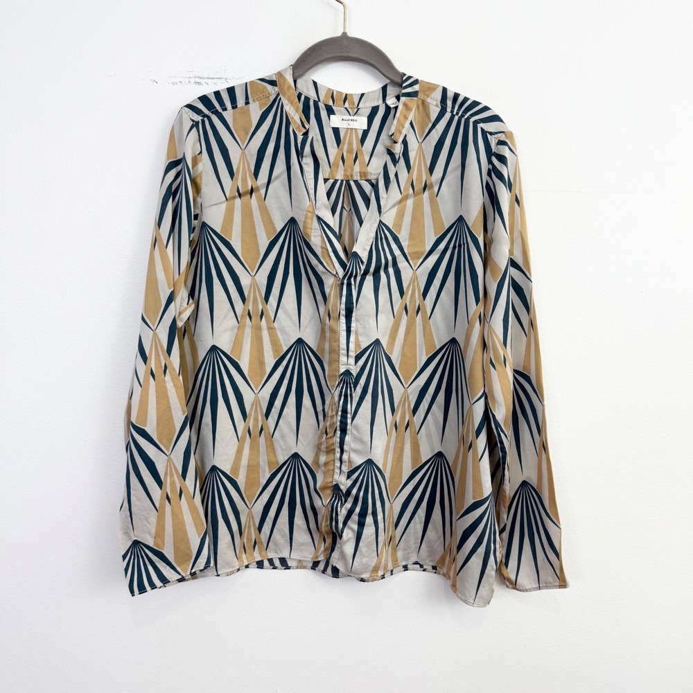 Billy Reid 100% Silk Geometric Print Split Neck Long Sleeve Blouse Women's Large
